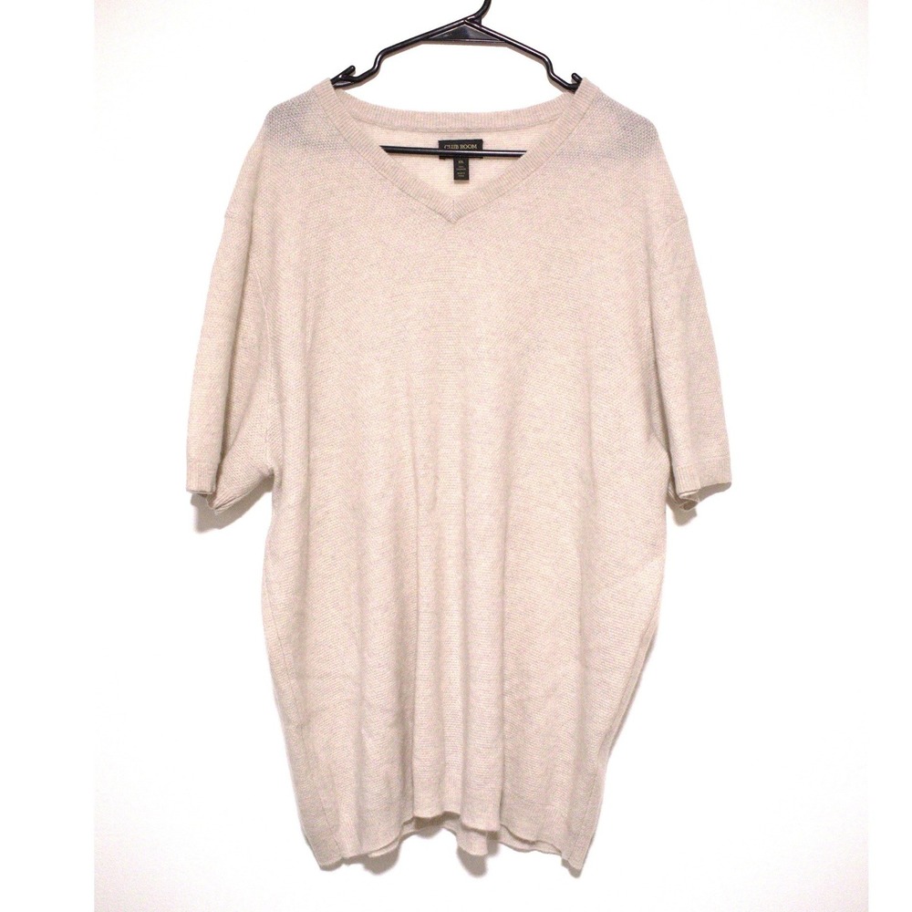 Club Room Luxury 100% Cashmere Sweater XXL Beige V-Neck Short Sleeve Knit Top